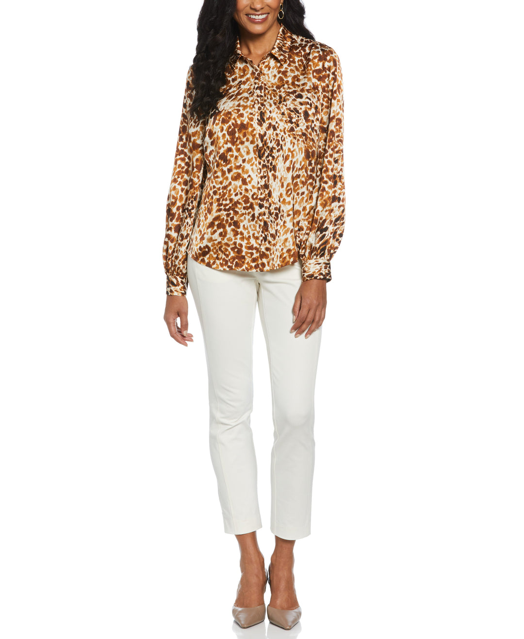 Animal Print Shine Puff Sleeve Blouse (Buckthorn Brown) 