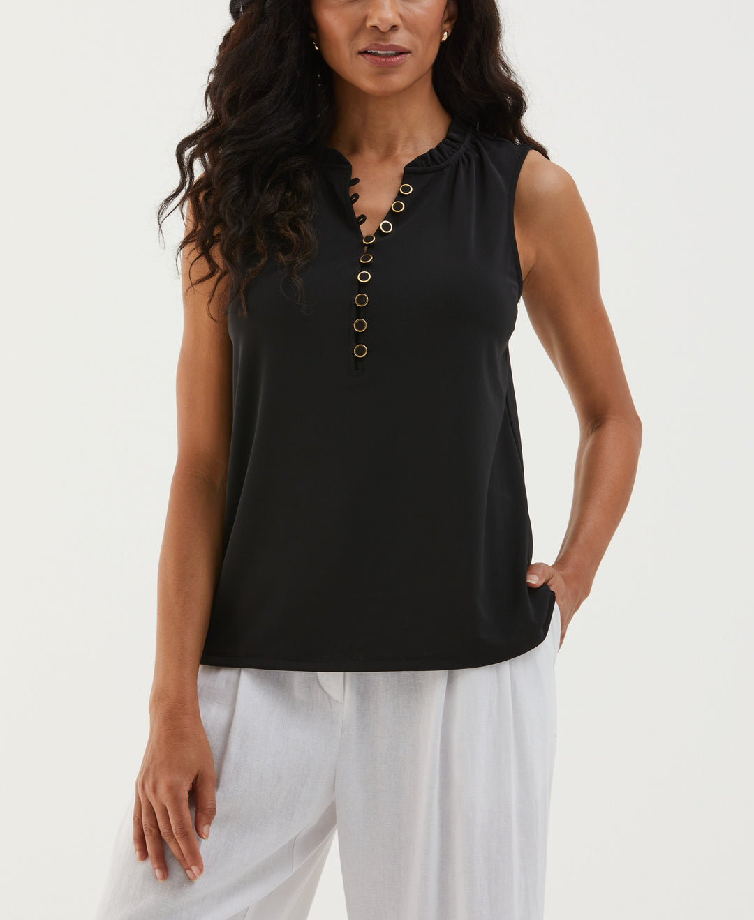 Button Front Ruffle Tank Top (Black) 
