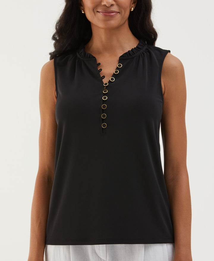 Button Front Ruffle Tank Top (Black) 
