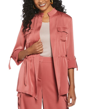 Drawcord Waist Shine Roll Sleeve Jacket (Dusty Cedar) 