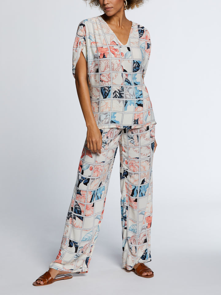 Eco Fabric Ruched Tie Sleeve V-Neck Top (Egret) 