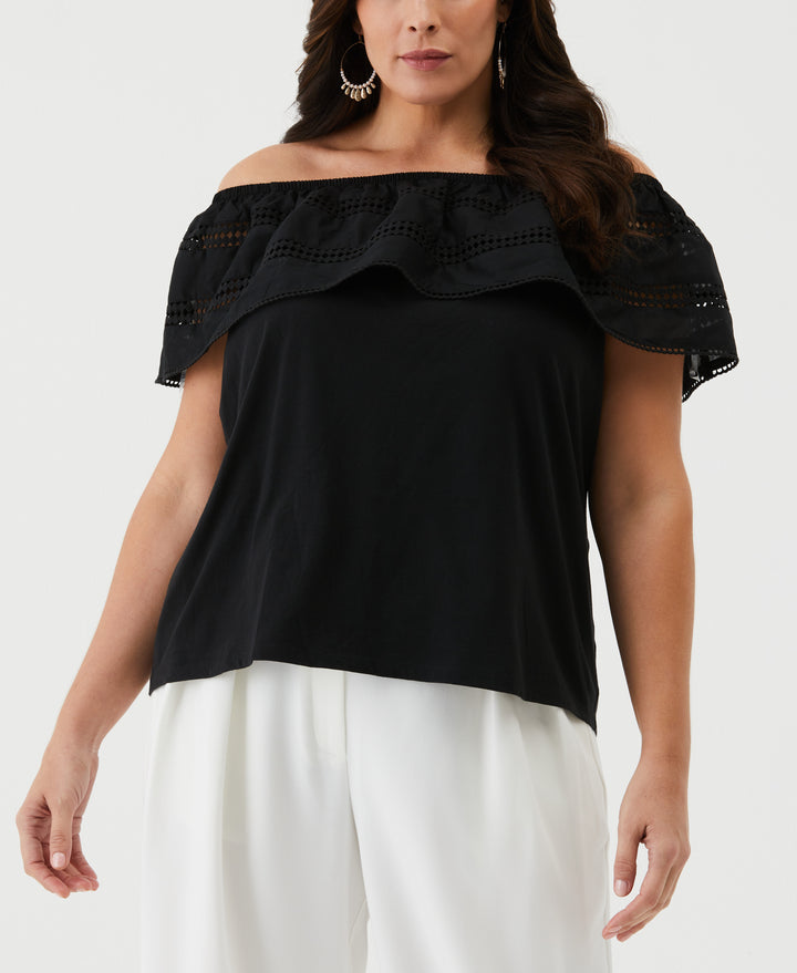 Embroidered Off The Shoulder Top (Black) 