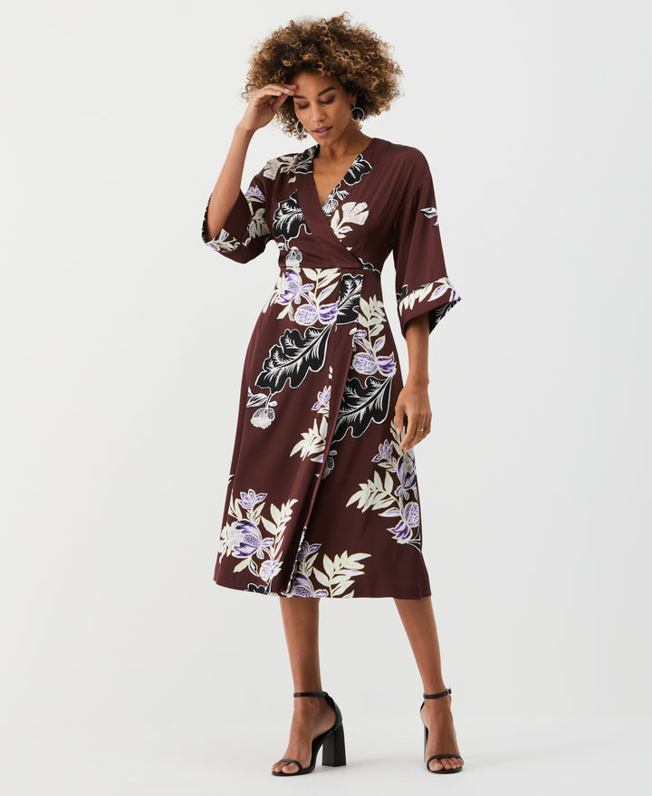 Floral Print Faux Wrap Midi Dress (Decadent Chocolate) 