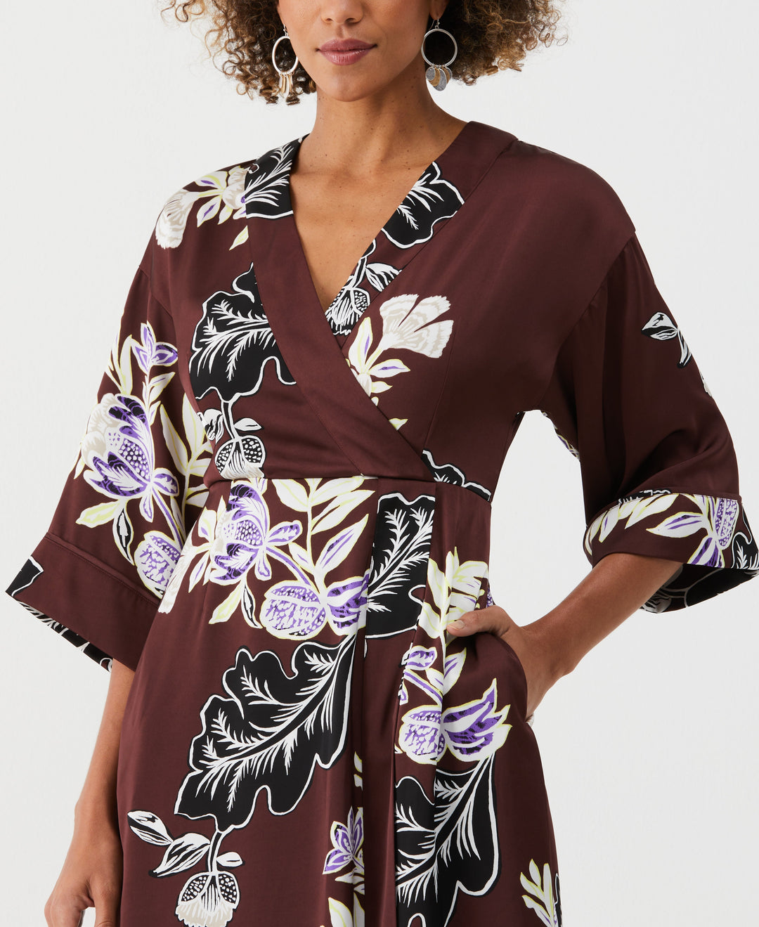 Floral Print Faux Wrap Midi Dress (Decadent Chocolate) 