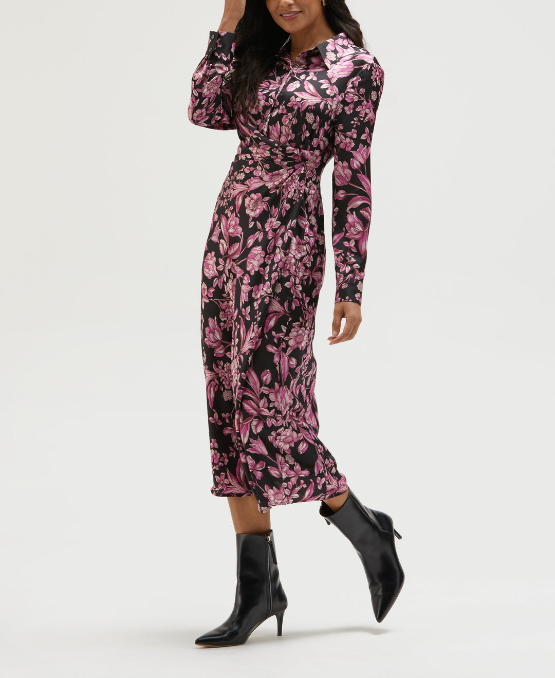 Floral Print Gathered Popover Midi Dress (Black) 