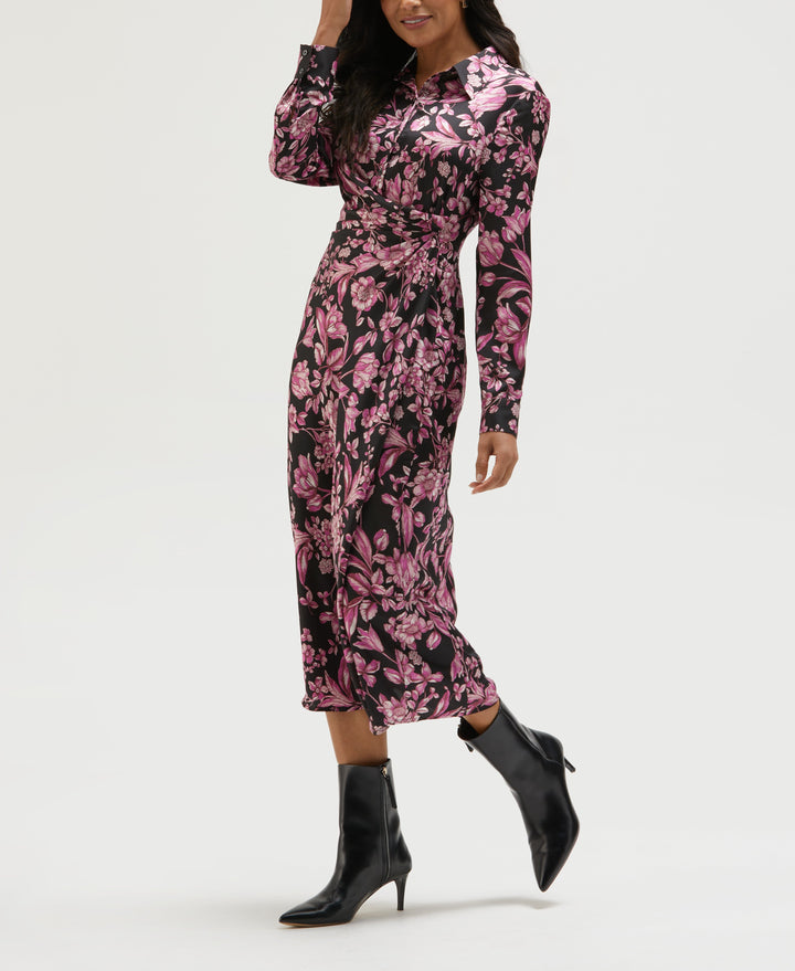 Floral Print Gathered Popover Midi Dress (Black) 