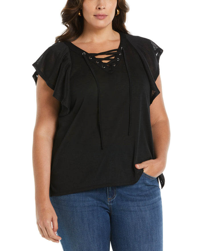Lace-Up Flutter Sleeve Top (Black) 