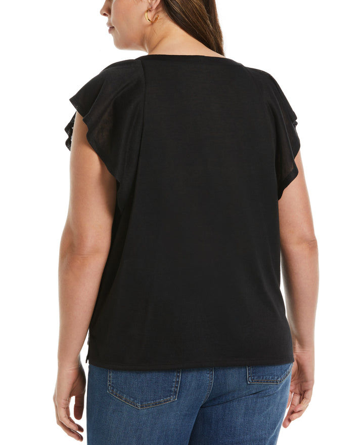 Lace-Up Flutter Sleeve Top (Black) 