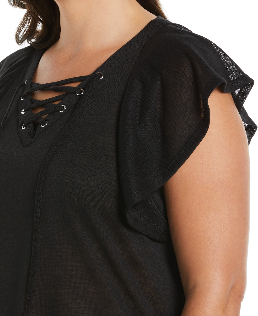 Lace-Up Flutter Sleeve Top (Black) 