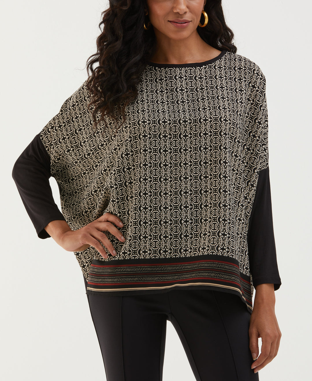 Medallion Print Knit Woven Top (Black) 