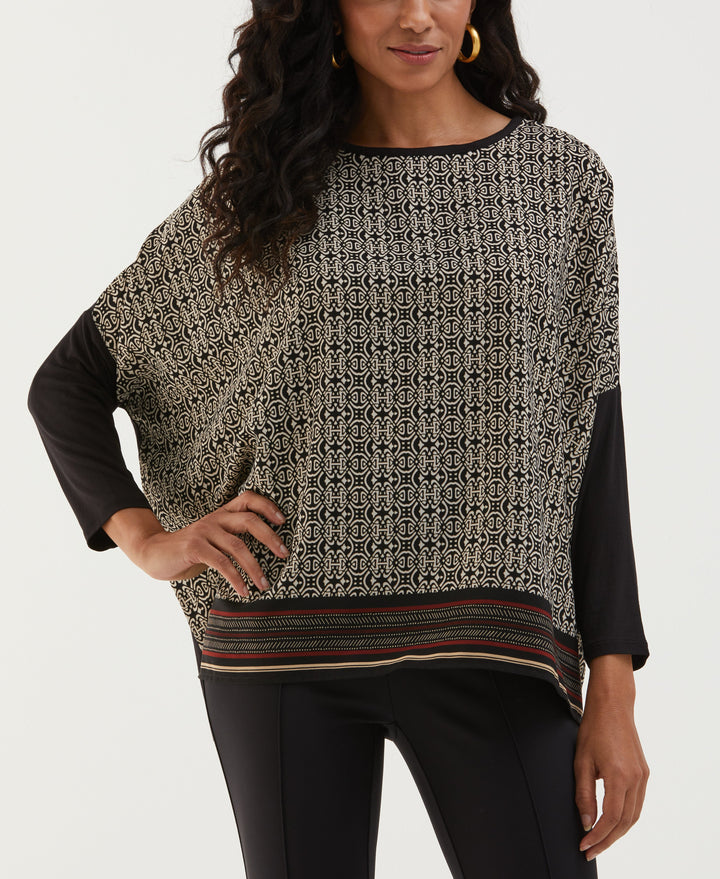 Medallion Print Knit Woven Top (Black) 
