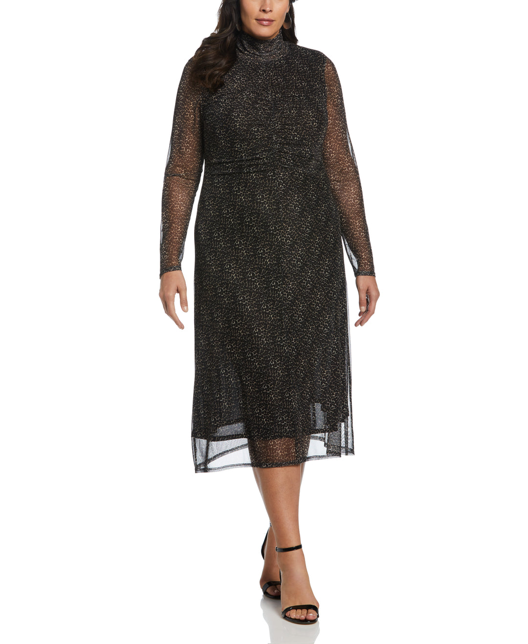 Mock Neck Mesh Midi Dress (Black) 