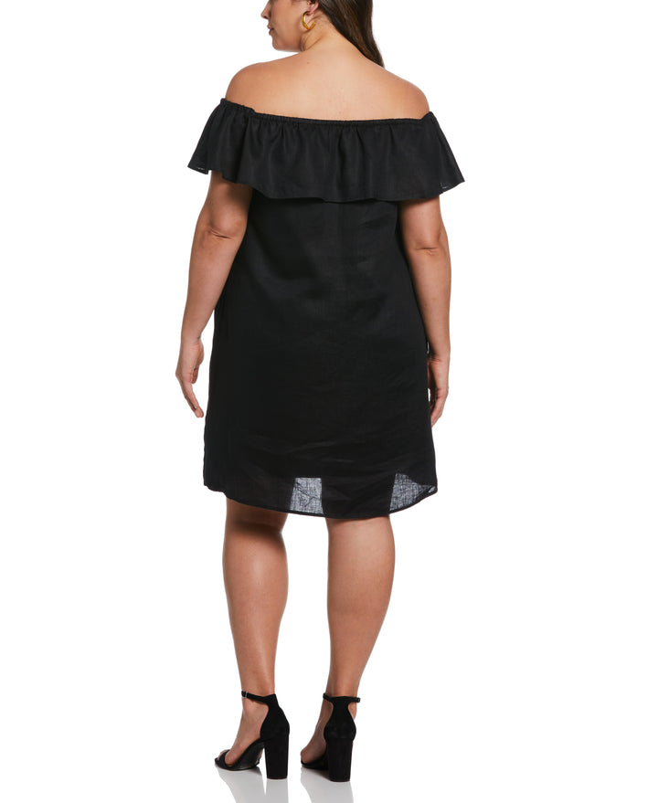 Off-the-Shoulder Ruffle Linen Dress (Black) 
