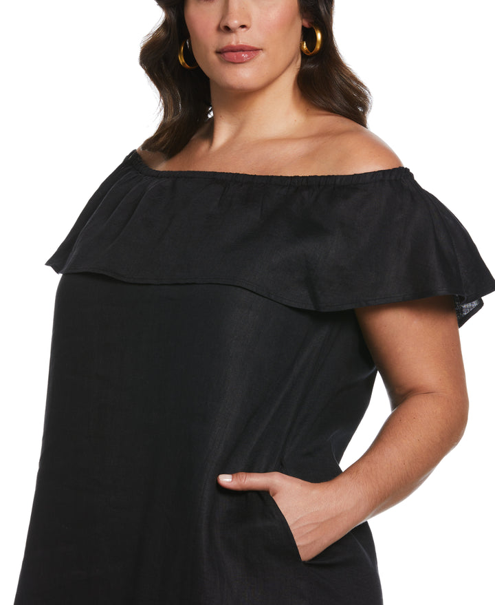 Off-the-Shoulder Ruffle Linen Dress (Black) 