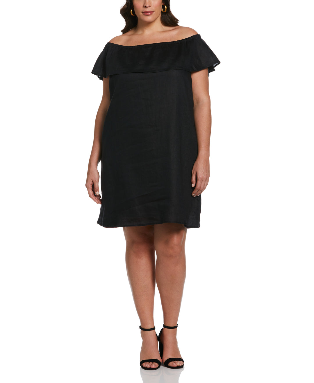 Off-the-Shoulder Ruffle Linen Dress (Black) 