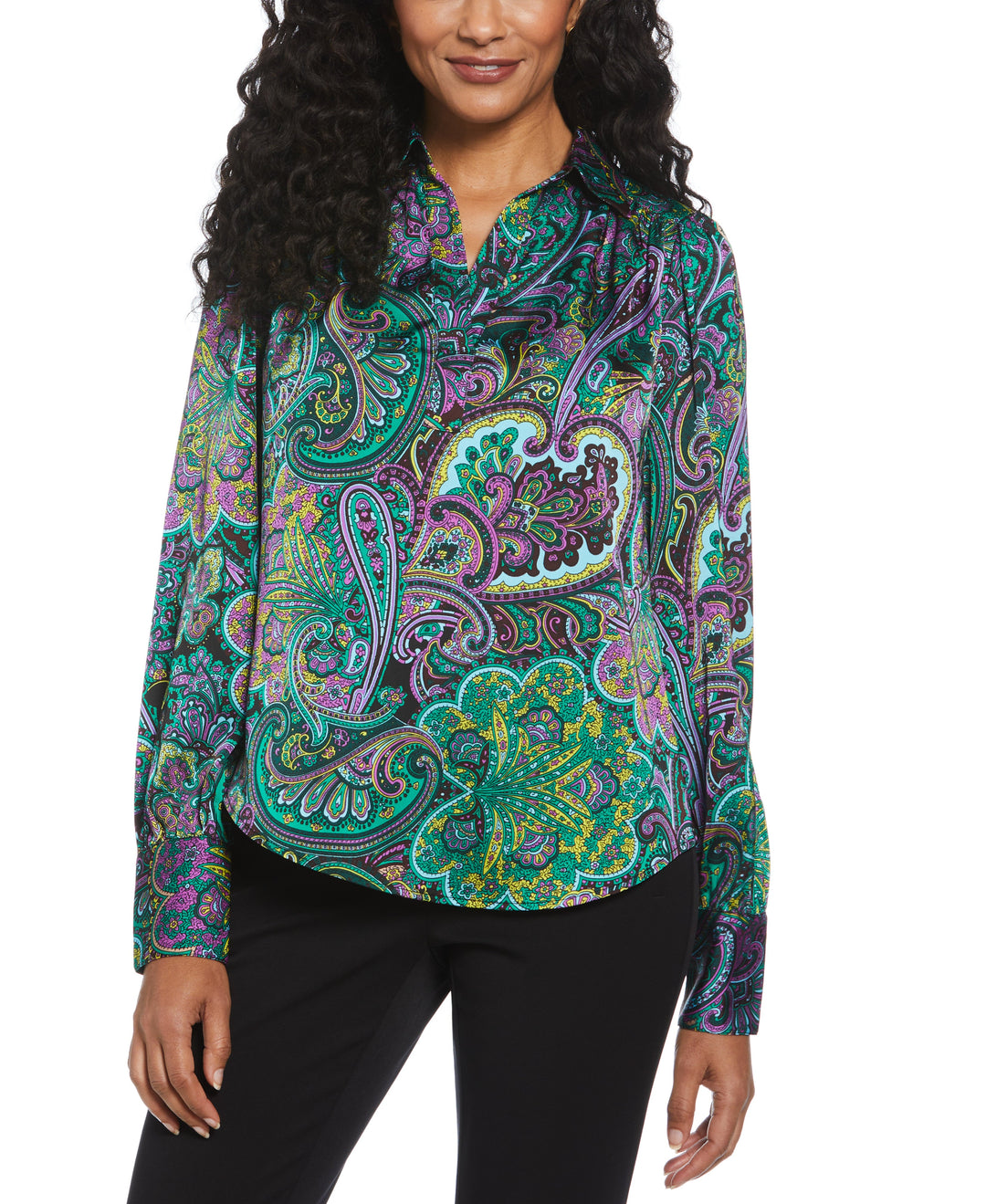 Paisley Print Shine Satin Blouse (Black) 