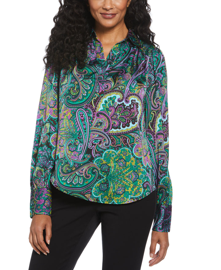 Paisley Print Shine Satin Blouse (Black) 