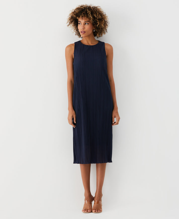 Partially Lined Plisse Midi Dress (Peacoat) 
