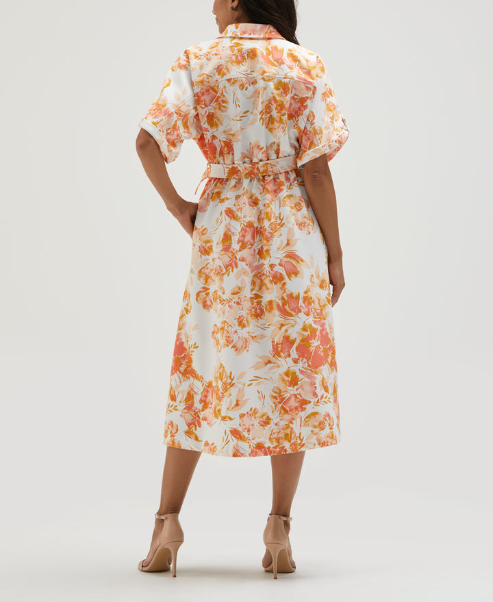 Petite Floral Print Utility Shirt Dress (Coral) 