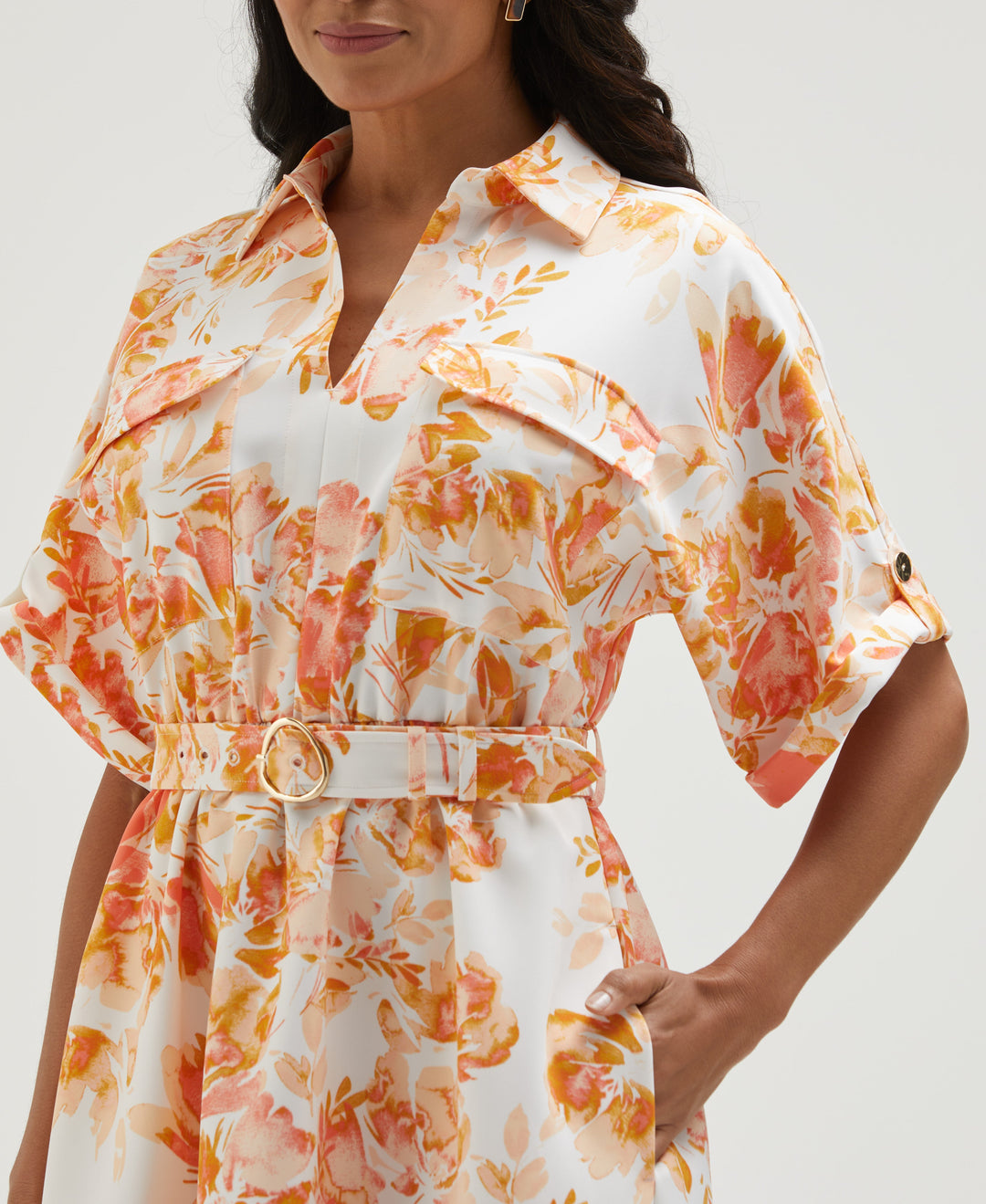 Petite Floral Print Utility Shirt Dress (Coral) 
