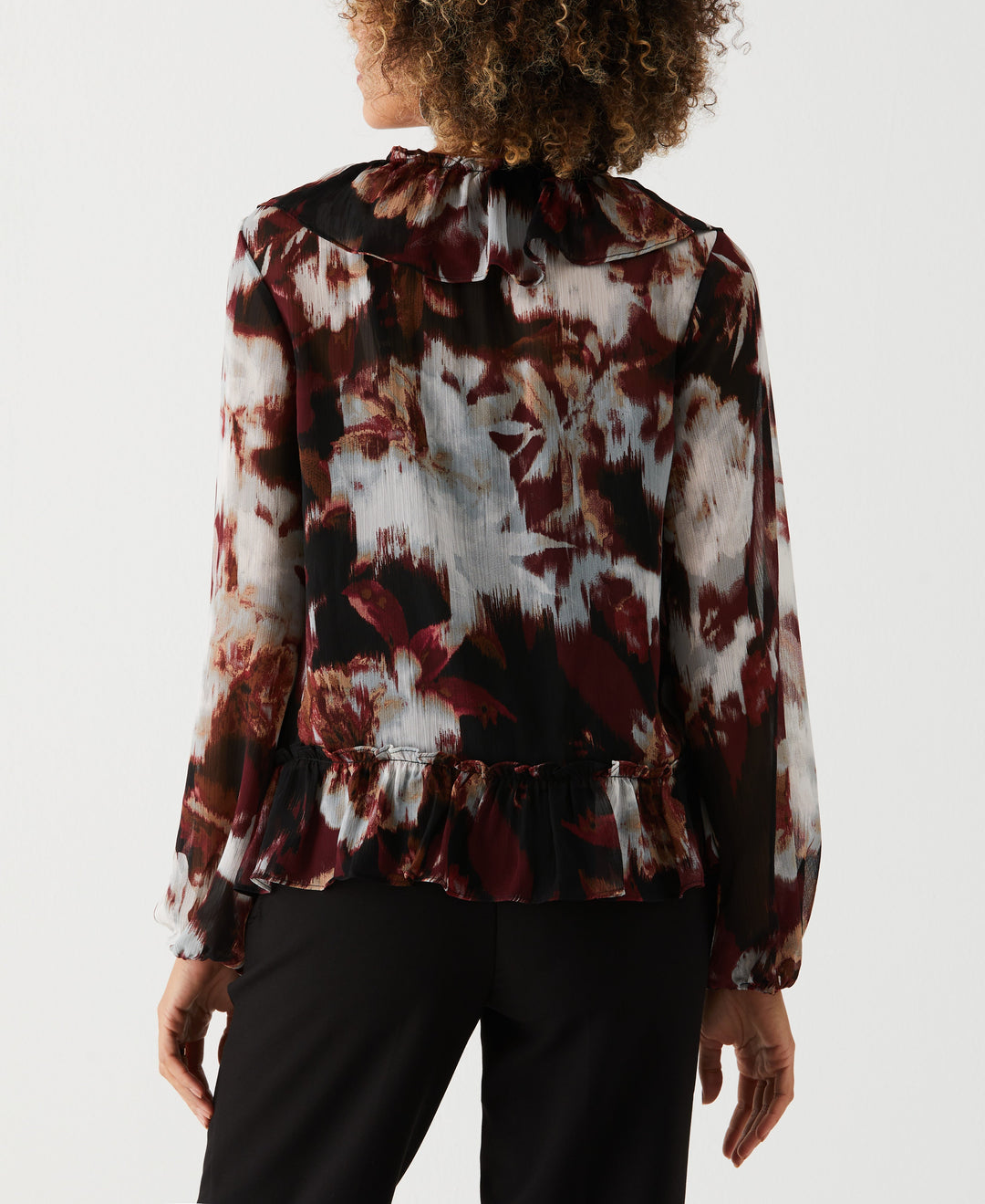 Petite Printed V-Neck Ruffle Blouse (Windsor Wine) 
