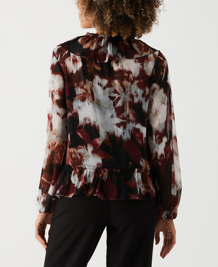 Petite Printed V-Neck Ruffle Blouse (Windsor Wine) 