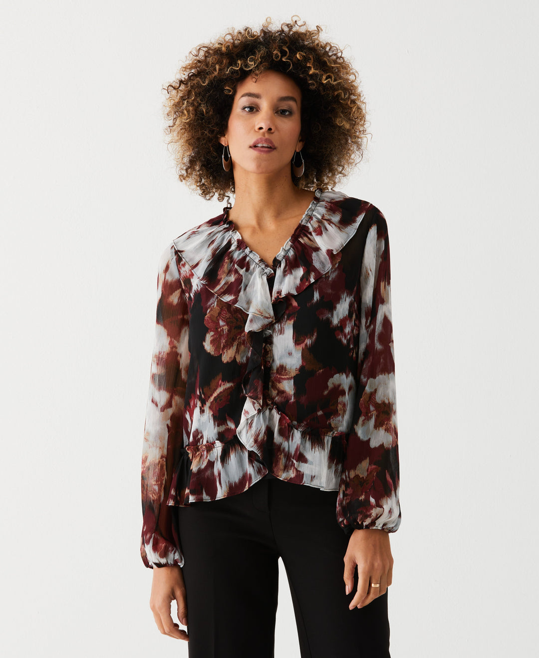 Petite Printed V-Neck Ruffle Blouse (Windsor Wine)