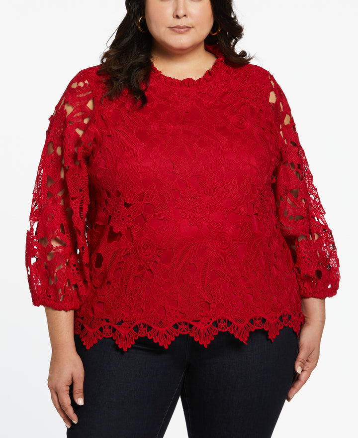 3/4 Sleeve Lace Top (Ruby) 