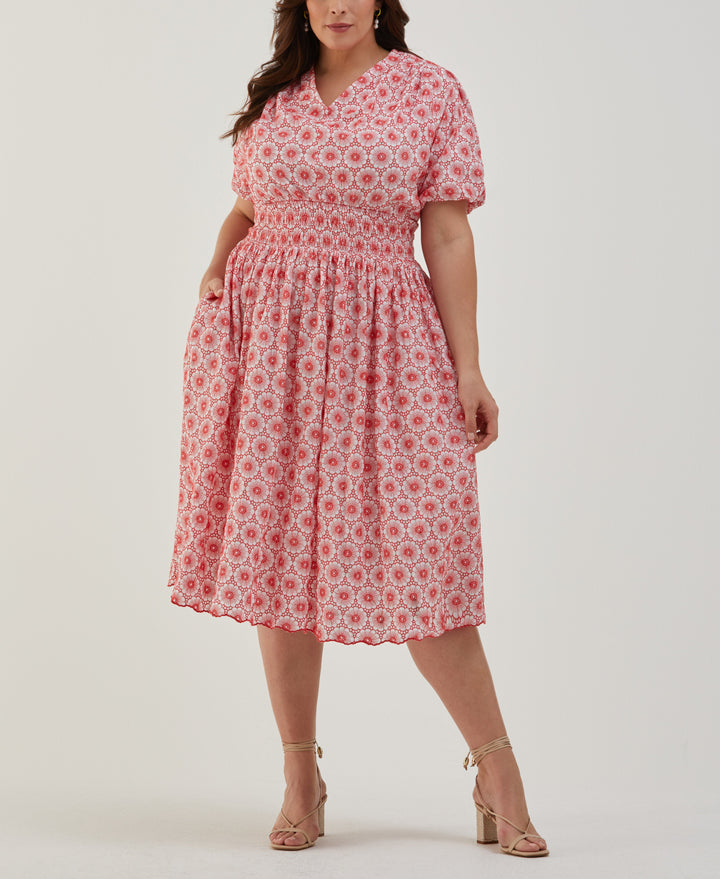 Plus Size Daisy Embroidered Smocked Puff Sleeve Dress (Hibiscus) 