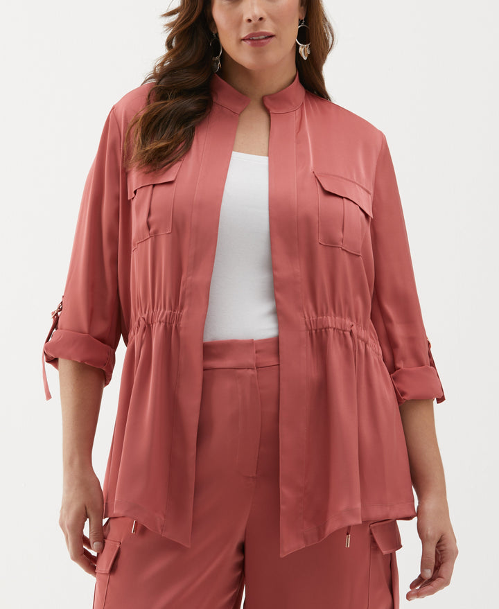 Plus Size Drawcord Waist Shine Roll Sleeve Jacket (Dusty Cedar) 