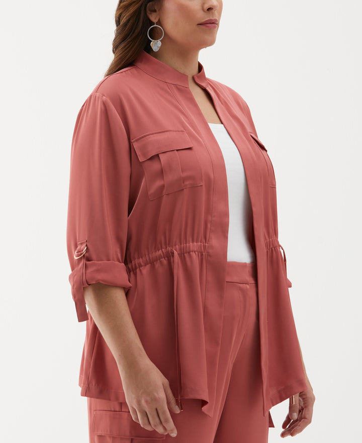 Plus Size Drawcord Waist Shine Roll Sleeve Jacket (Dusty Cedar) 