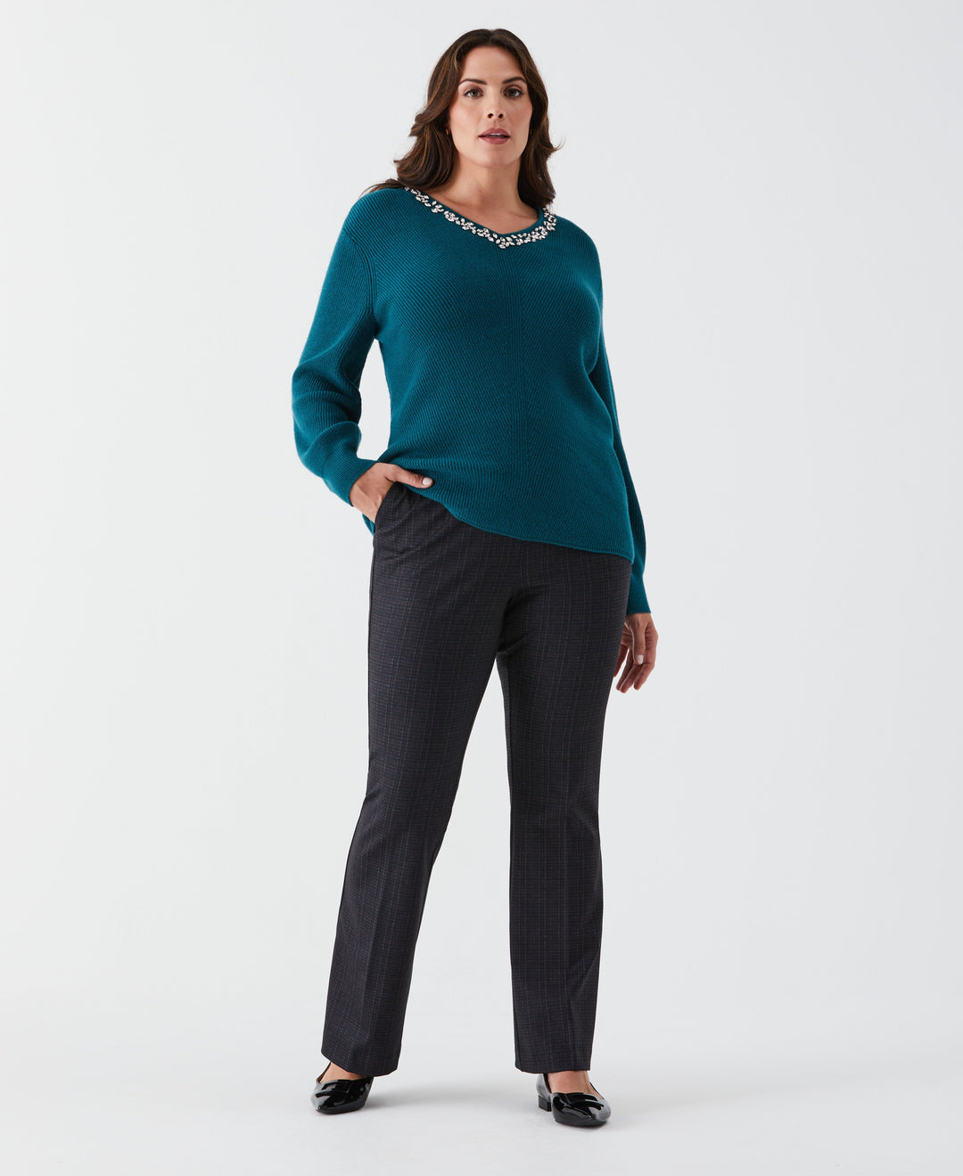 Plus Size Embellished V-Neck Sweater (Shaded Spruce) 