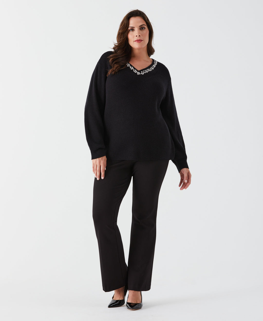 Plus Size Embellished V-Neck Sweater (Black) 