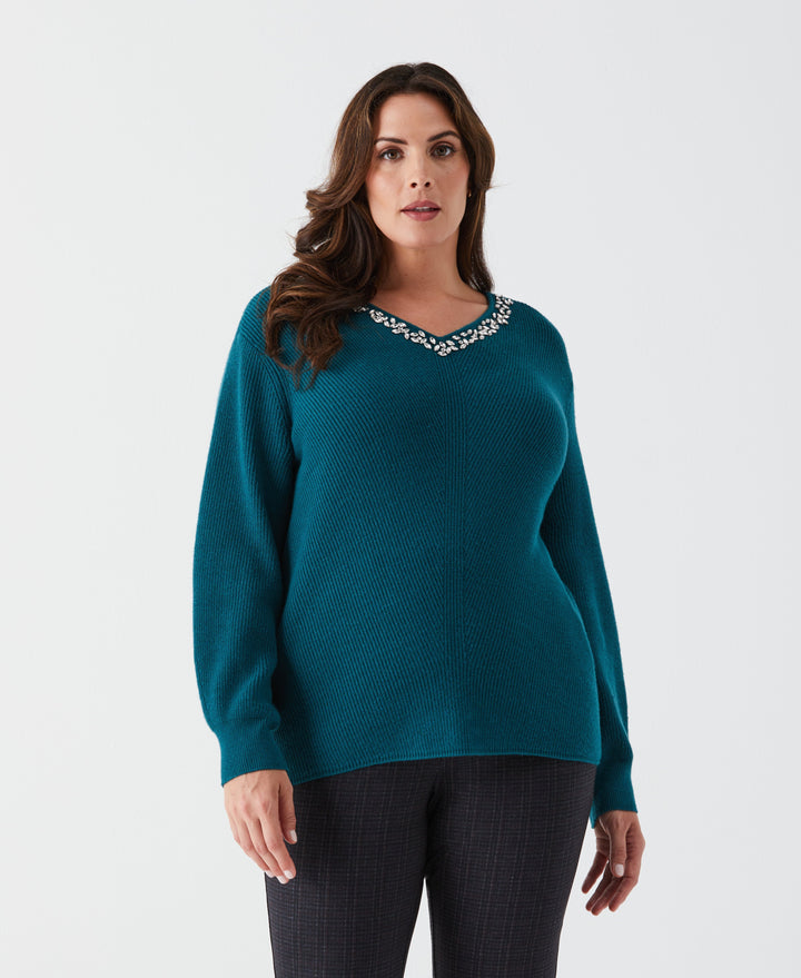 Plus Size Embellished V-Neck Sweater (Shaded Spruce) 