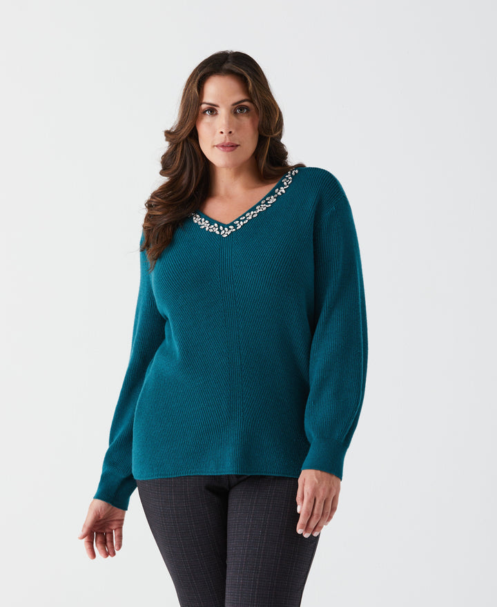 Plus Size Embellished V-Neck Sweater (Shaded Spruce) 