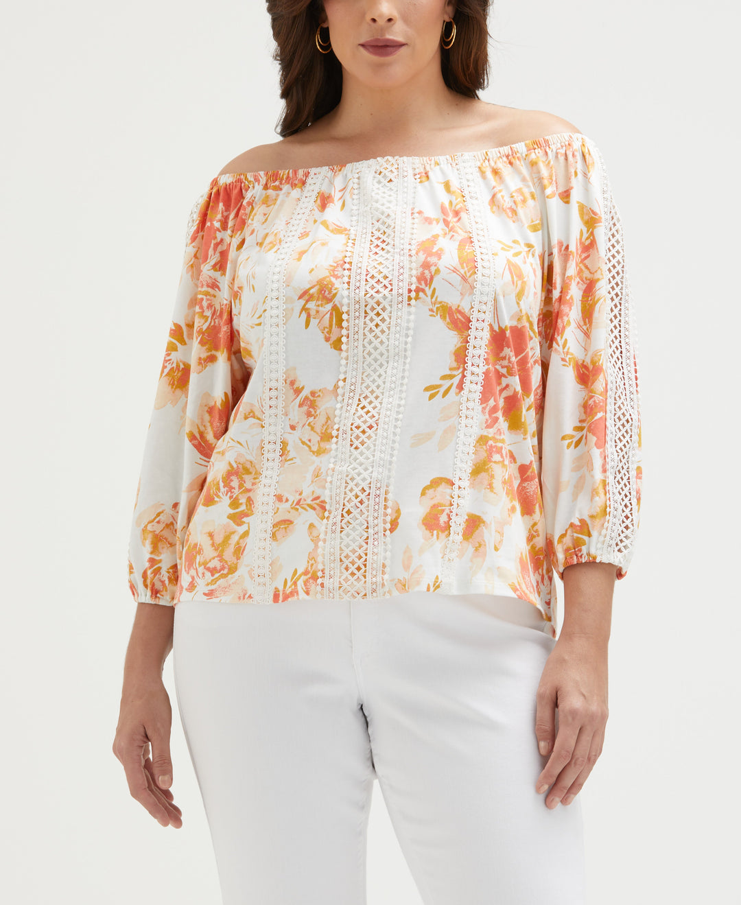 Plus Size Floral Print Lace Trim Off the Shoulder Top (Coral) 