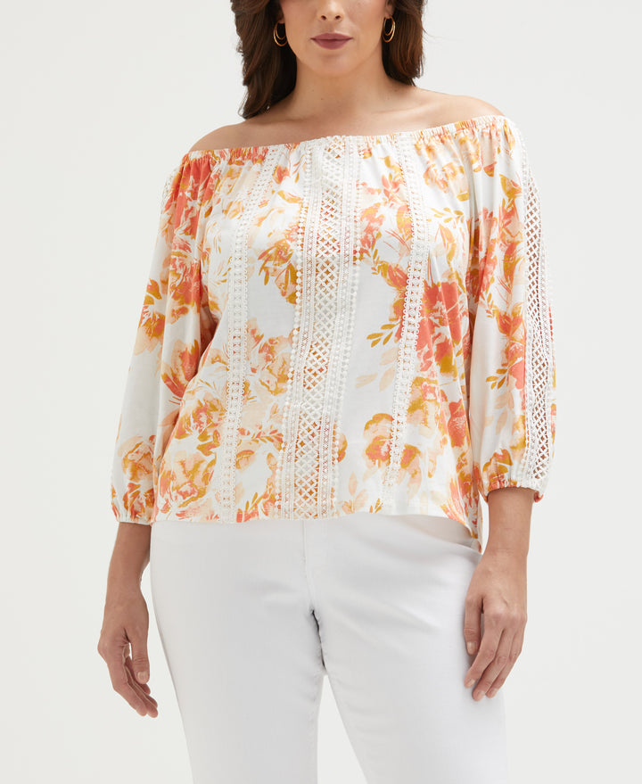 Plus Size Floral Print Lace Trim Off the Shoulder Top (Coral) 