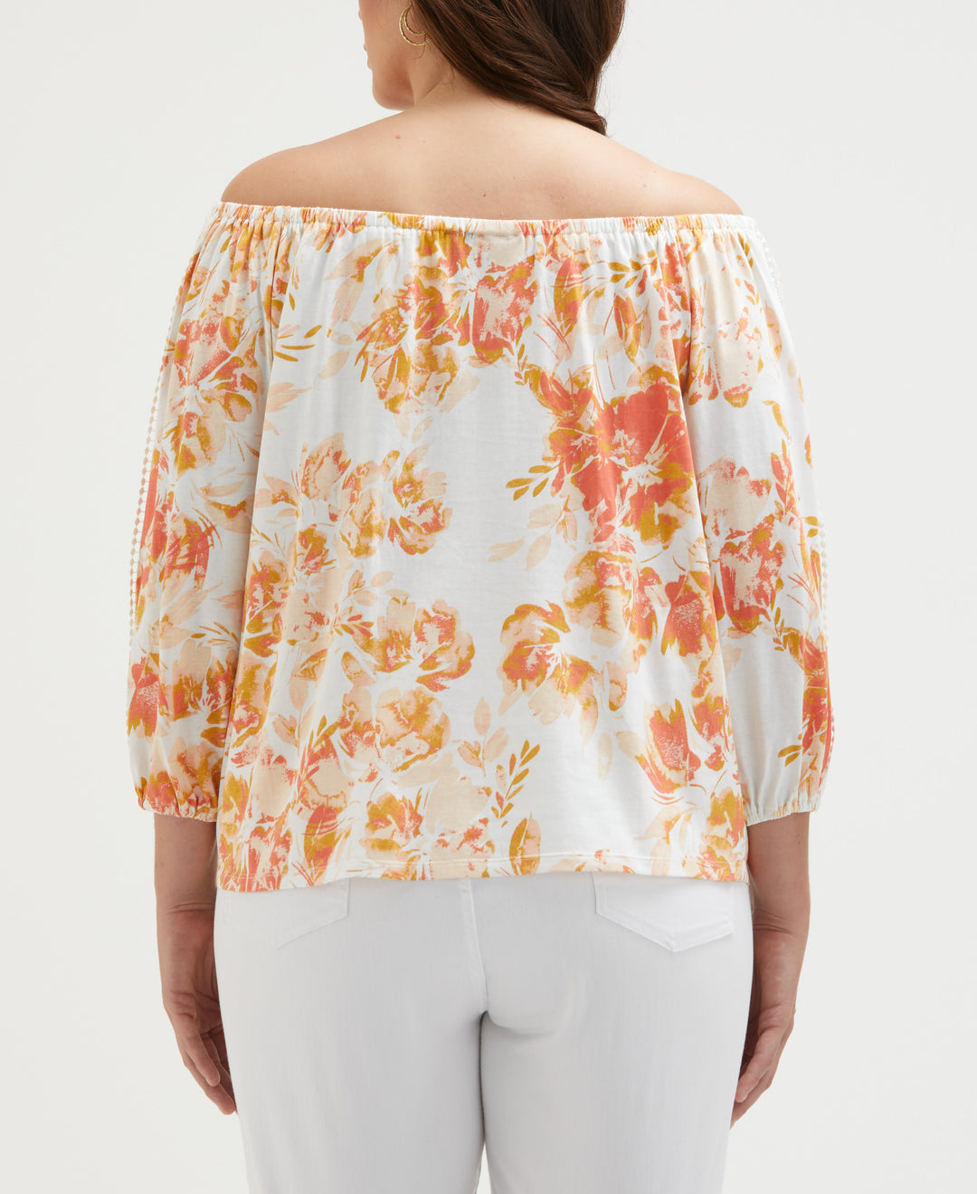 Plus Size Floral Print Lace Trim Off the Shoulder Top (Coral) 