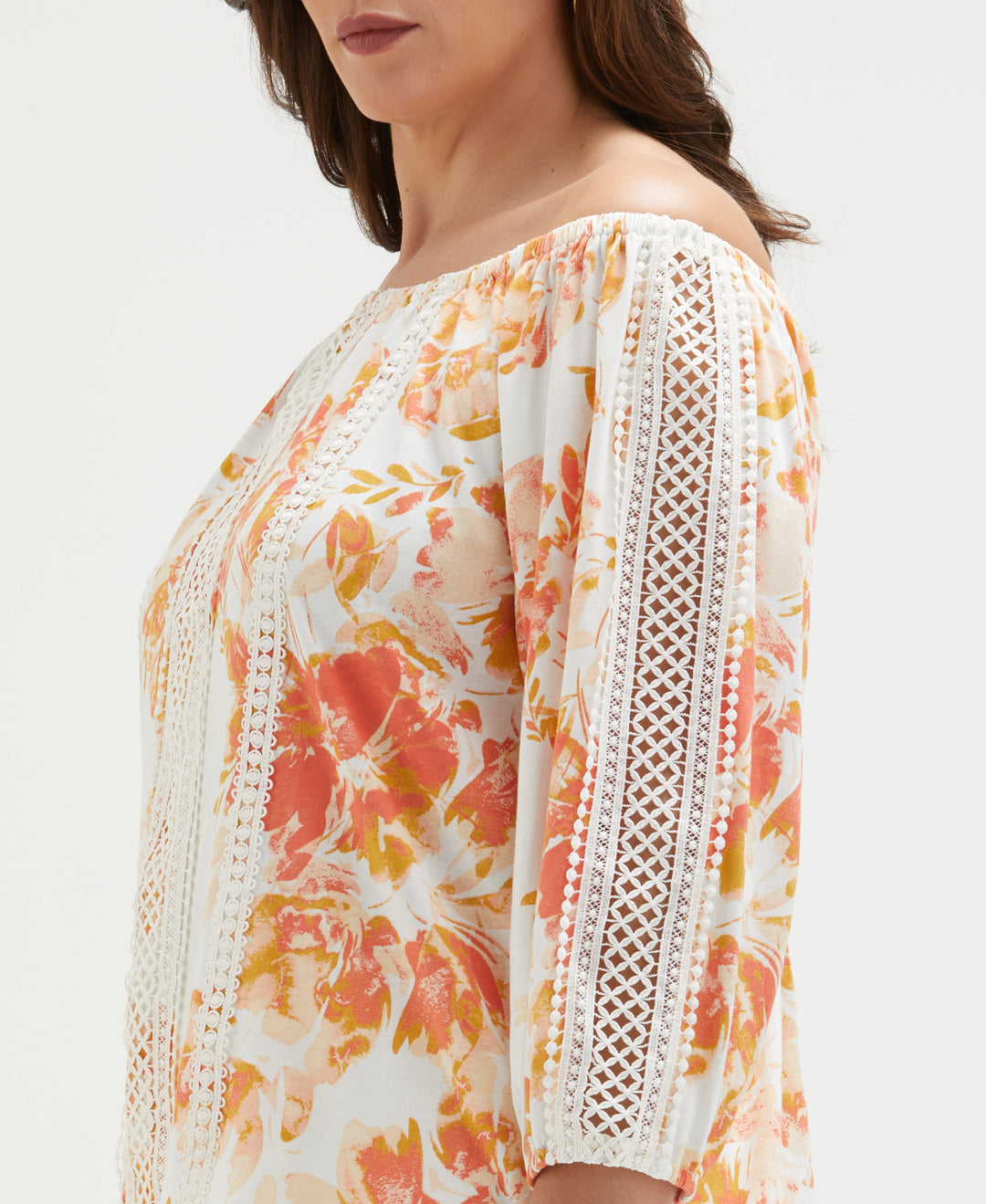 Plus Size Floral Print Lace Trim Off the Shoulder Top (Coral) 