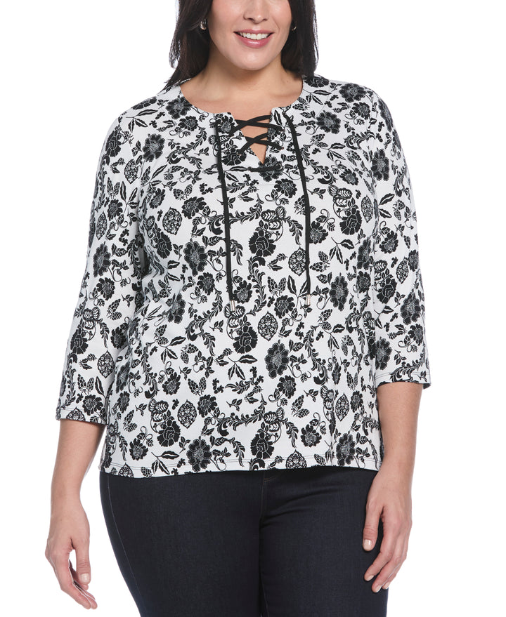 Plus Size Floral Print Lace Up Shirt (Black) 