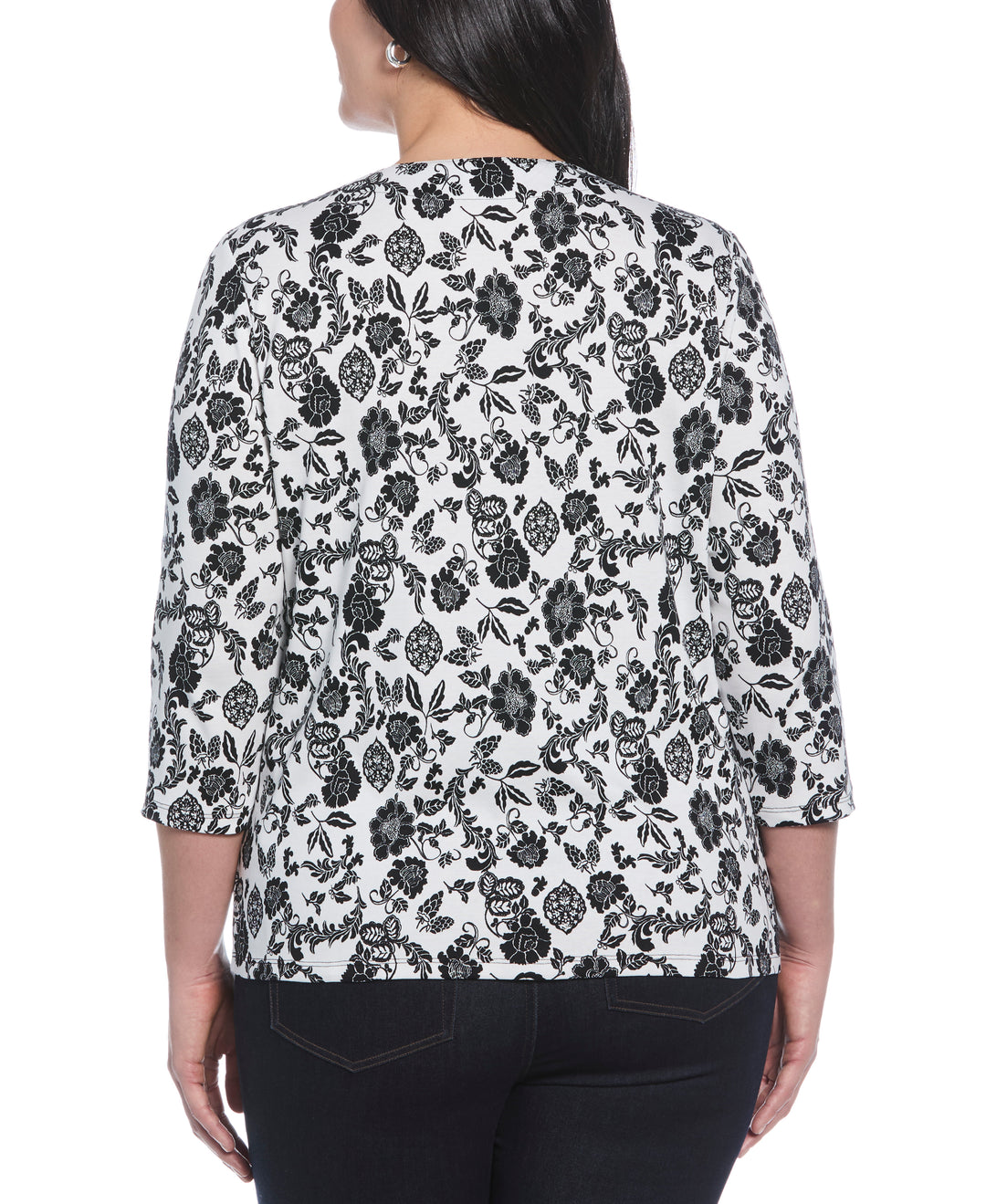 Plus Size Floral Print Lace Up Shirt (Black) 