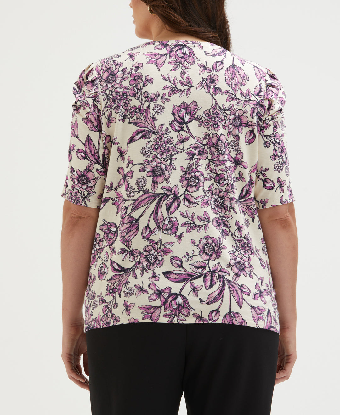 Plus Size Floral Print Puff Elbow Sleeve Top (White Swan) 
