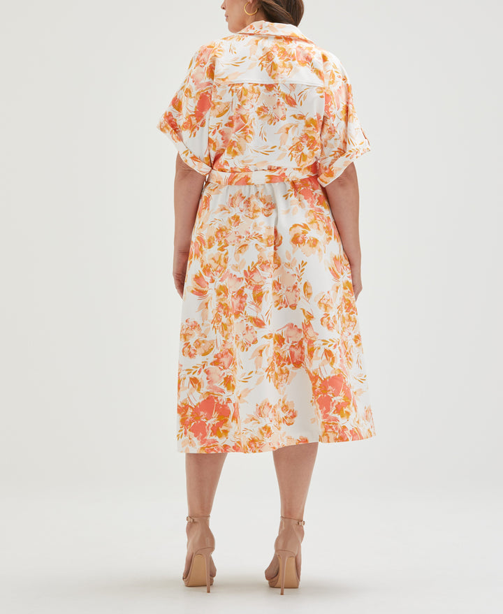 Plus Size Floral Print Utility Shirt Dress (Coral) 