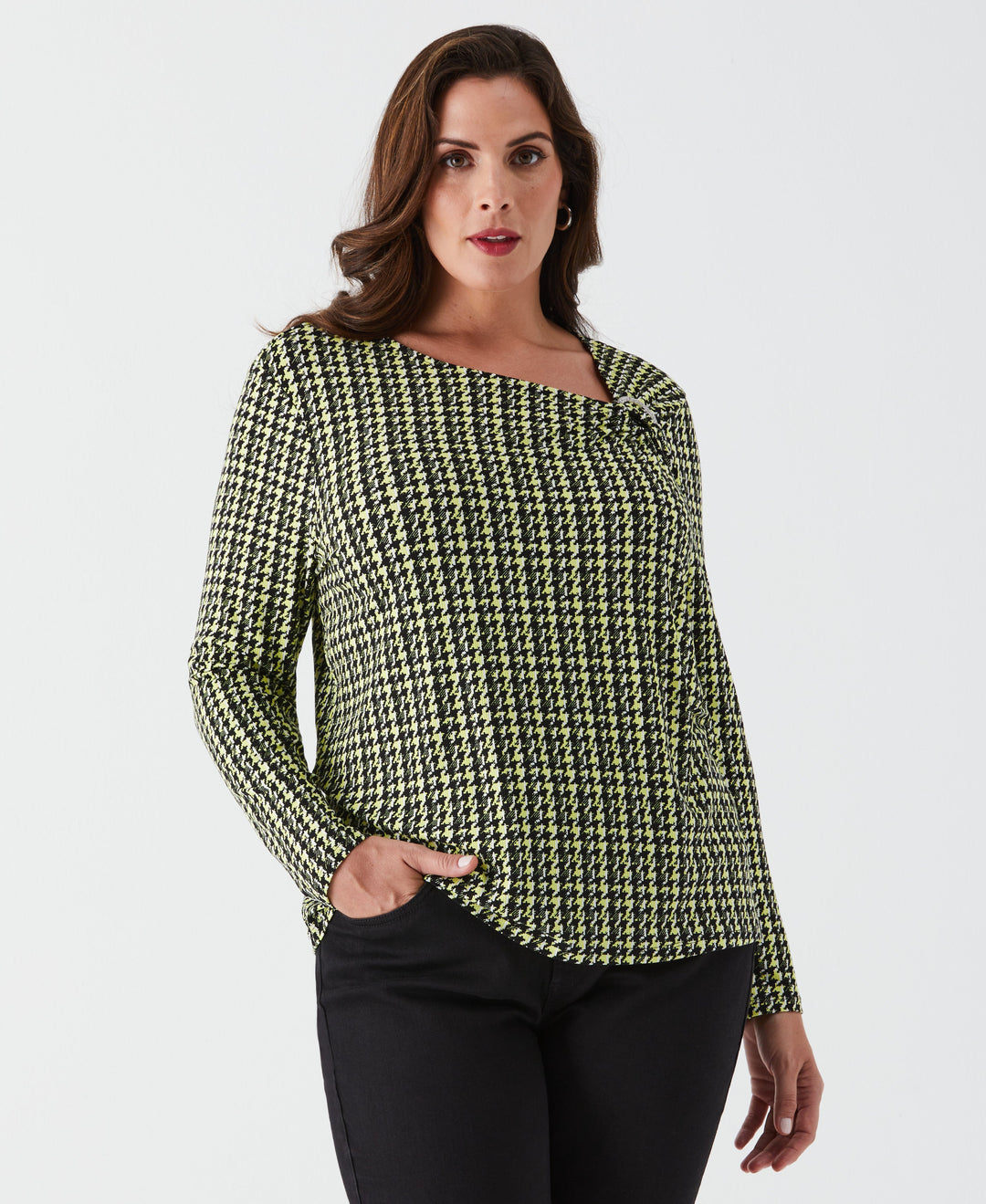 Plus Size Houndstooth Print Asymmetric Neck Top (Black) 