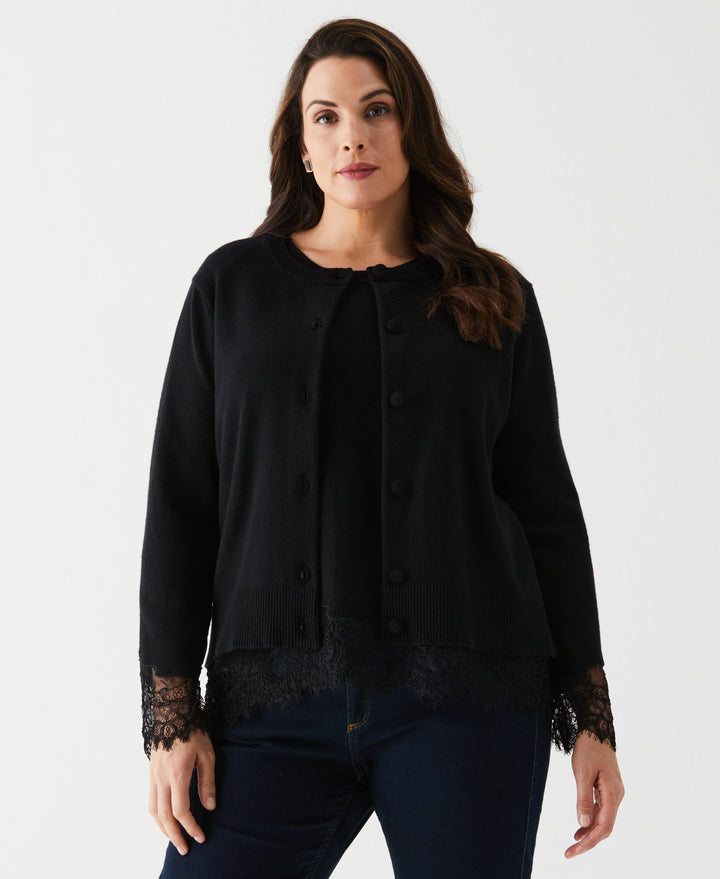 Plus Size Lace Trim Button Cardigan (Black) 