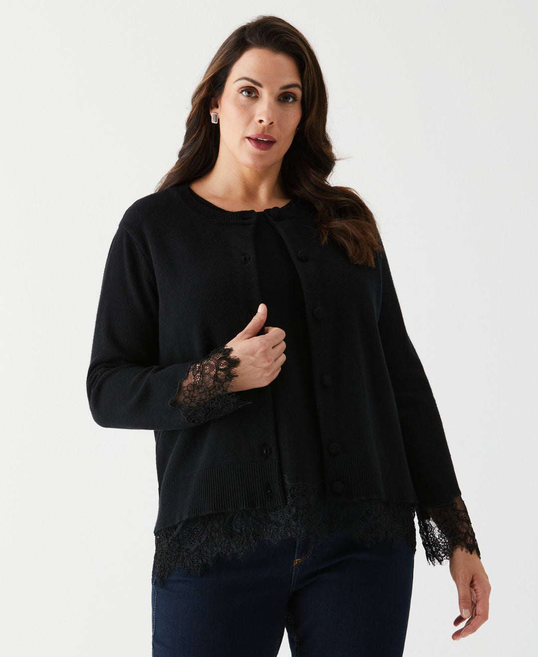 Plus Size Lace Trim Button Cardigan (Black) 