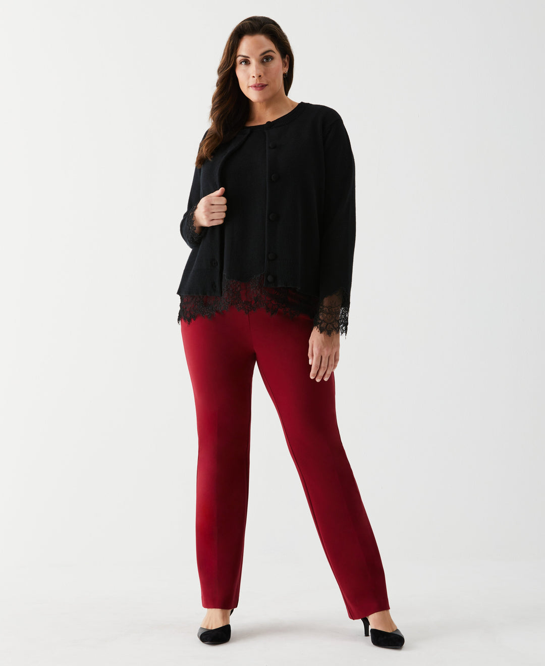 Plus Size Lace Trim Button Cardigan (Black) 