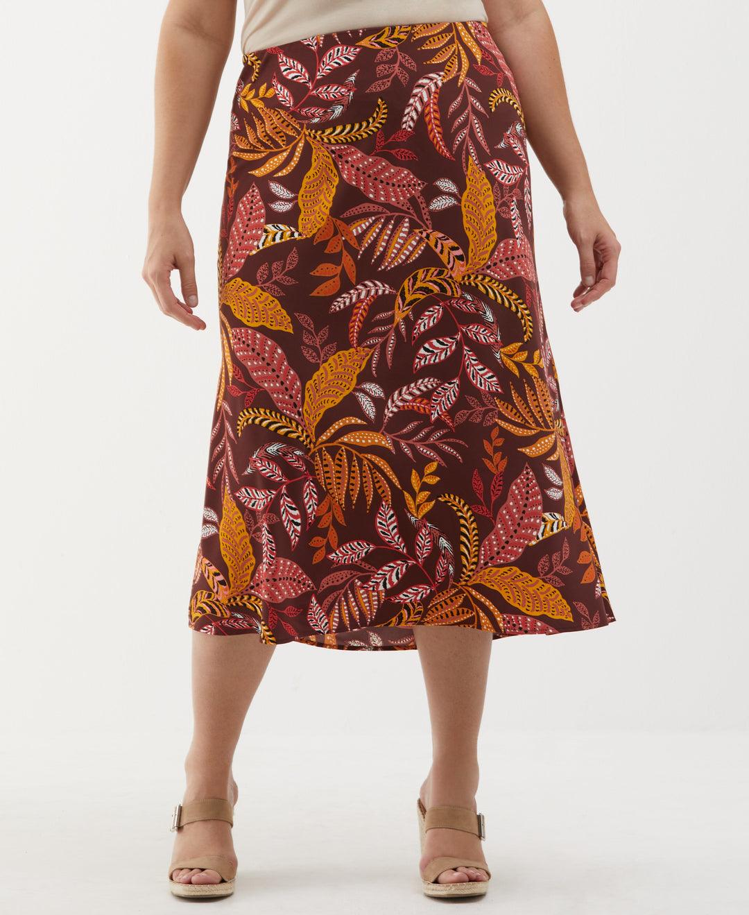 Plus Size Leaf Print Shine Midi Bias Skirt (Decadent Chocolate) 