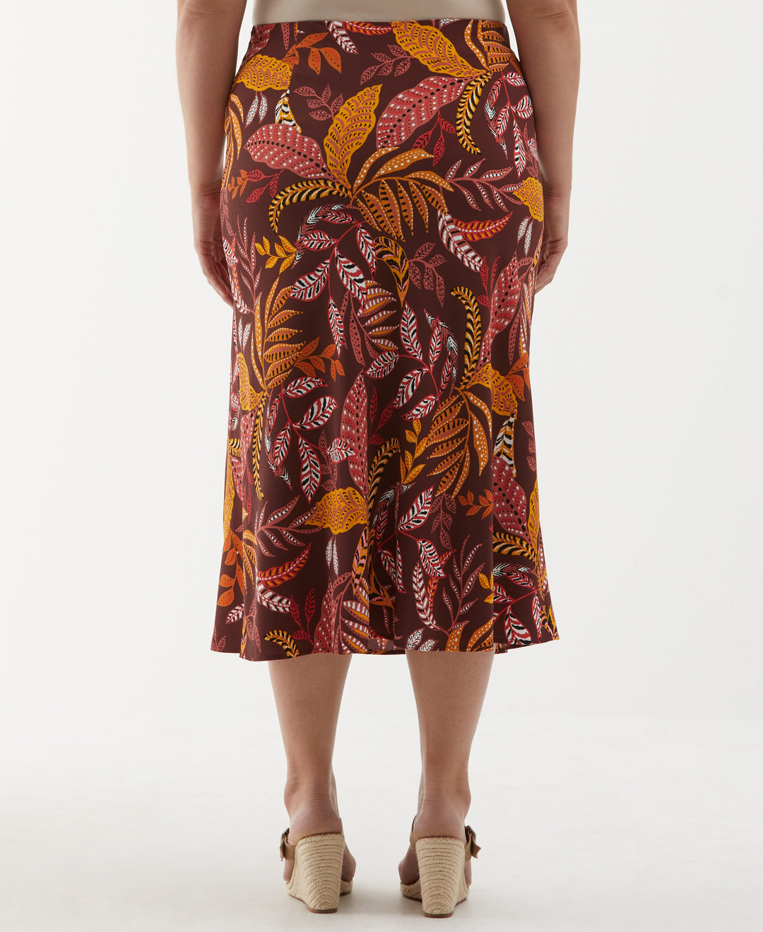 Plus Size Leaf Print Shine Midi Bias Skirt (Decadent Chocolate) 