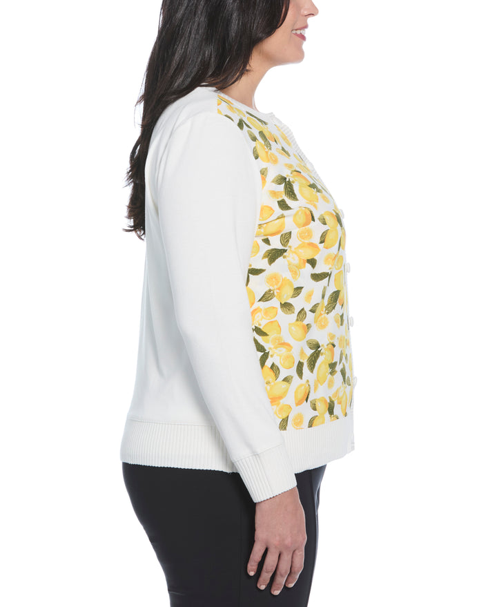 Plus Size Lemon Print Woven Front Cardigan (Star White) 